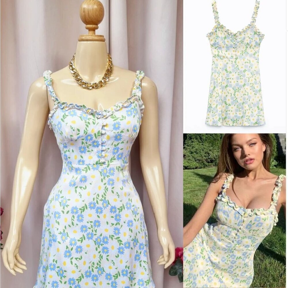 Zara Floral Printed Ruffle Strap Cami Mini Dress Size L NWT